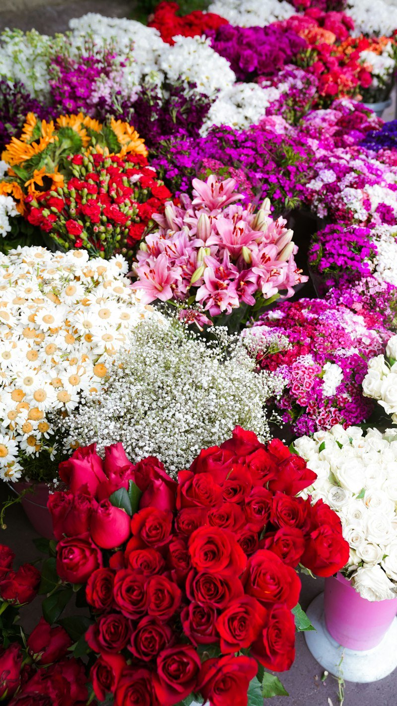 Vibrant assortment of roses, lilies and flowers for a celebration